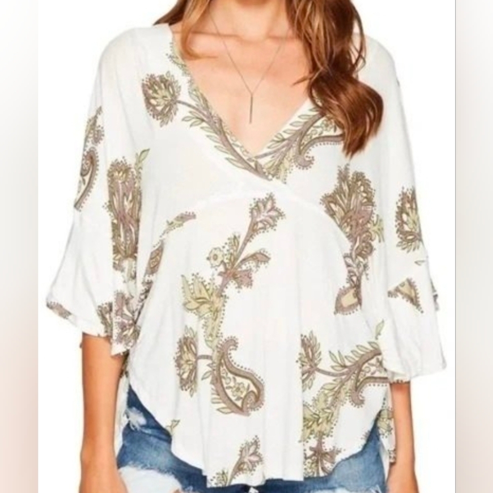 Free People Cream Paisley V-Neck Blouse